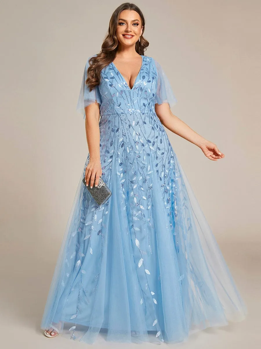 Romantic Shimmery V Neck Ruffle Sleeves Maxi Long Evening Gowns