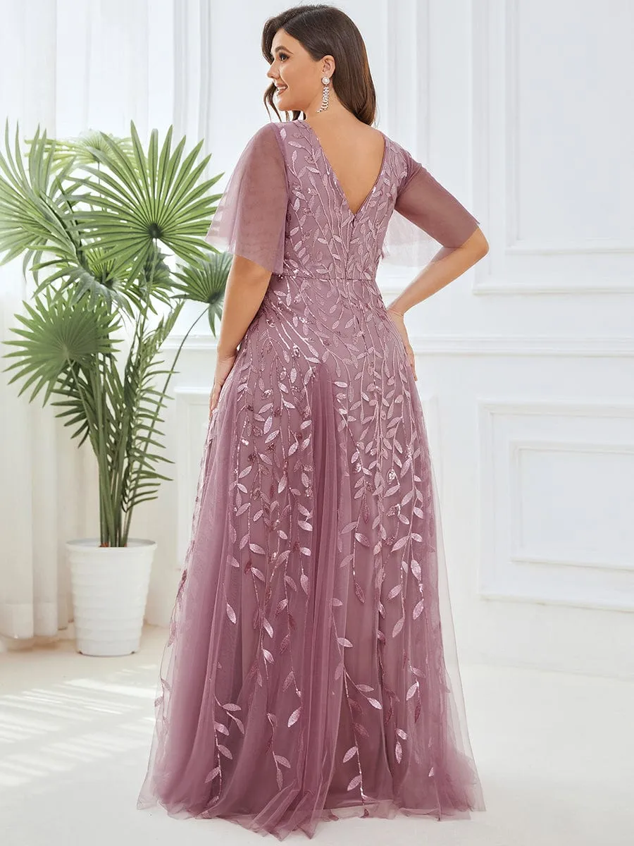 Romantic Shimmery V Neck Ruffle Sleeves Maxi Long Evening Gowns