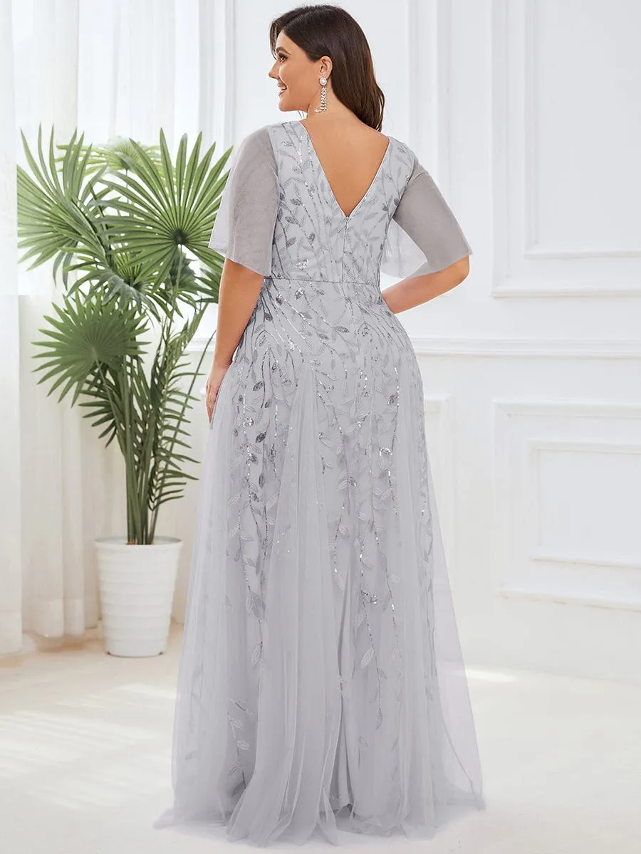 Romantic Shimmery V Neck Ruffle Sleeves Maxi Long Evening Gowns