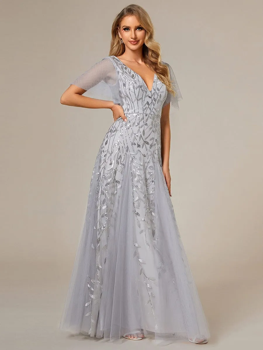 Romantic Shimmery V Neck Ruffle Sleeves Maxi Long Evening Gowns