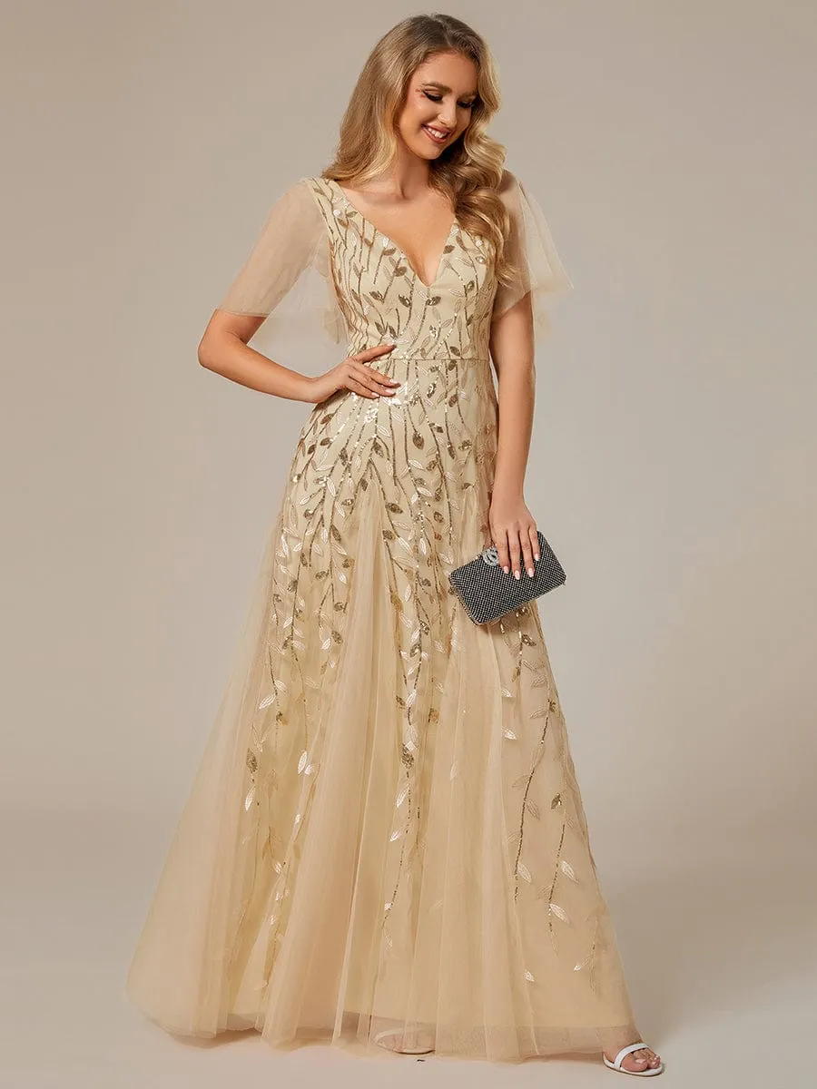 Romantic Shimmery V Neck Ruffle Sleeves Maxi Long Evening Gowns