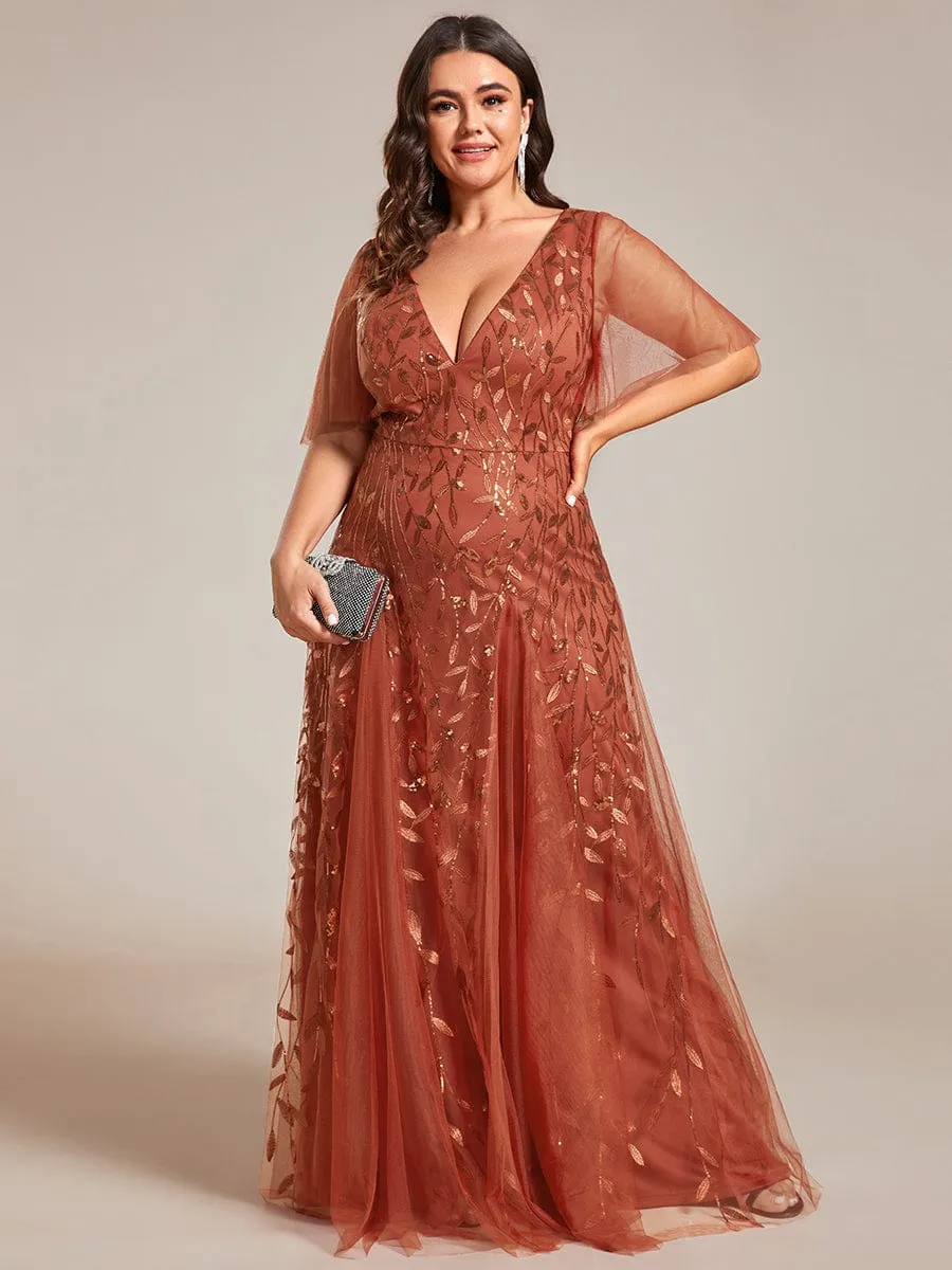 Romantic Shimmery V Neck Ruffle Sleeves Maxi Long Evening Gowns