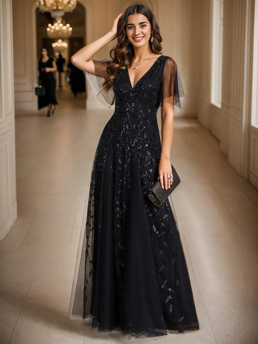 Romantic Shimmery V Neck Ruffle Sleeves Maxi Long Evening Gowns