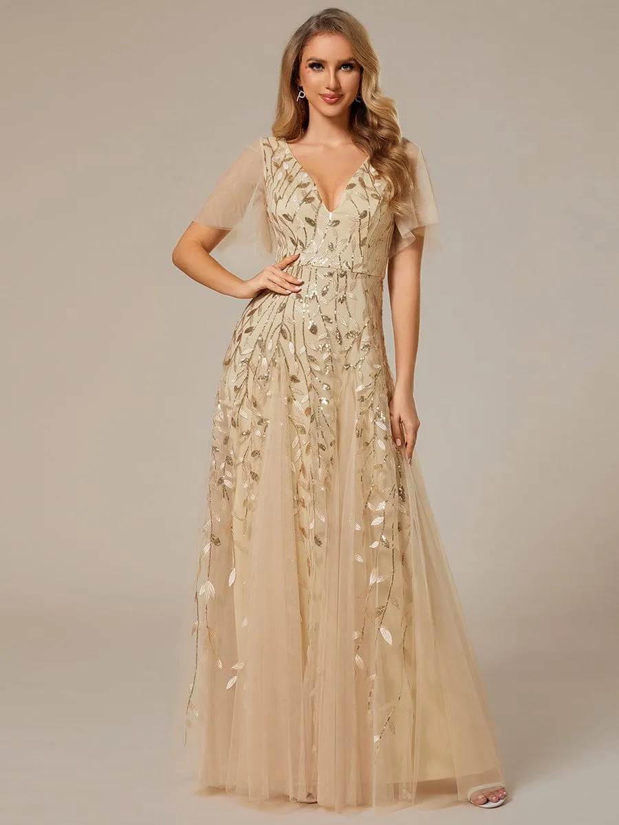 Romantic Shimmery V Neck Ruffle Sleeves Maxi Long Evening Gowns