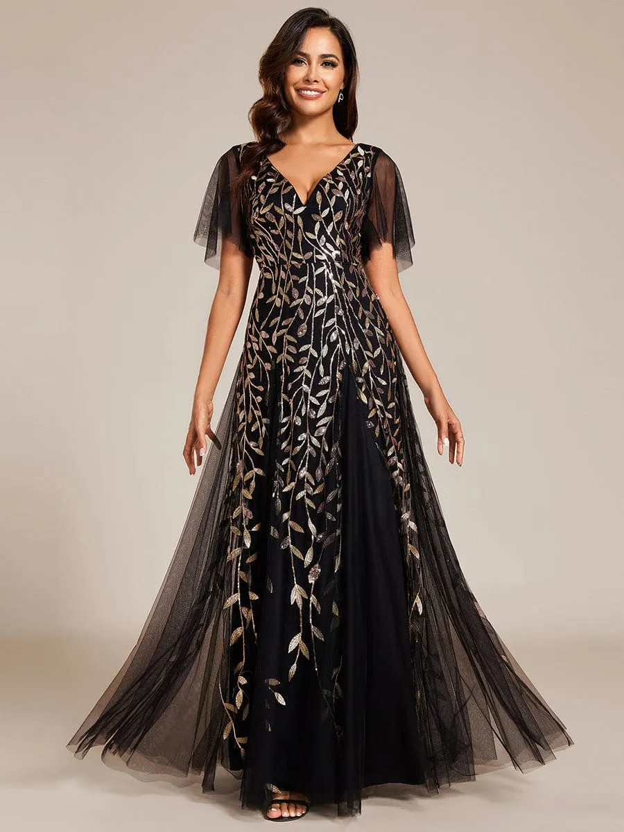 Romantic Shimmery V Neck Ruffle Sleeves Maxi Long Evening Gowns