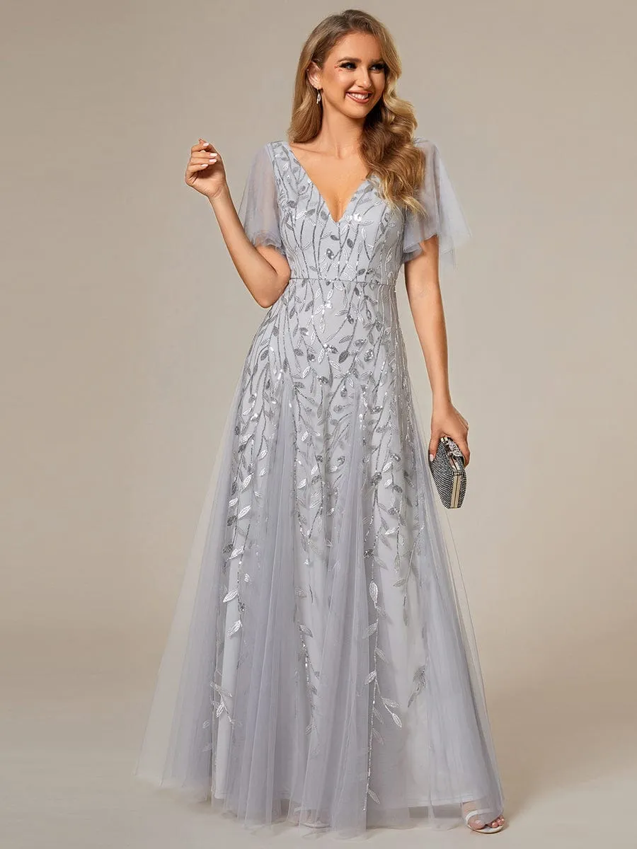 Romantic Shimmery V Neck Ruffle Sleeves Maxi Long Evening Gowns