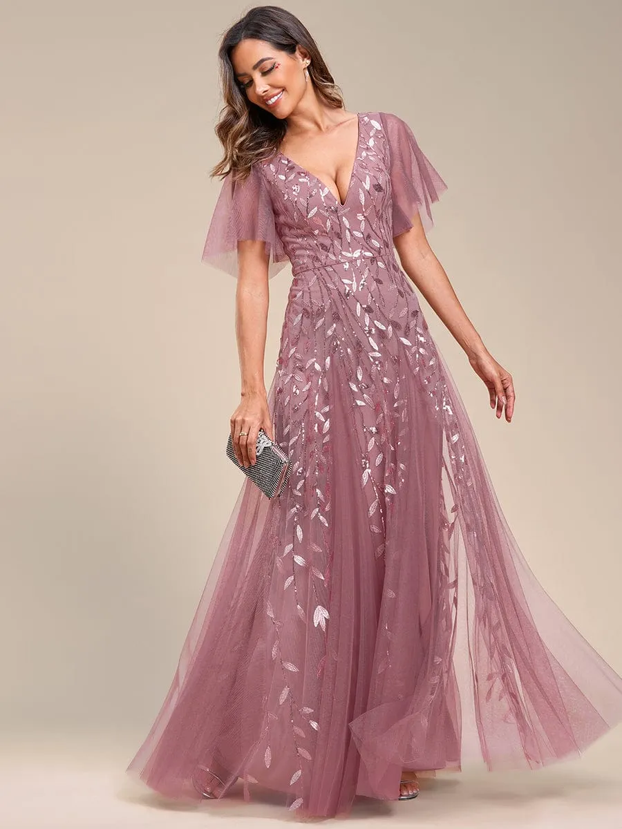 Romantic Shimmery V Neck Ruffle Sleeves Maxi Long Evening Gowns