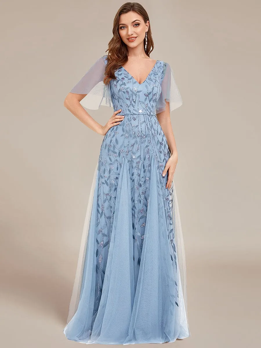 Romantic Shimmery V Neck Ruffle Sleeves Maxi Long Evening Gowns