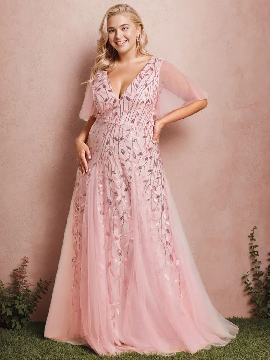 Romantic Shimmery V Neck Ruffle Sleeves Maxi Long Evening Gowns