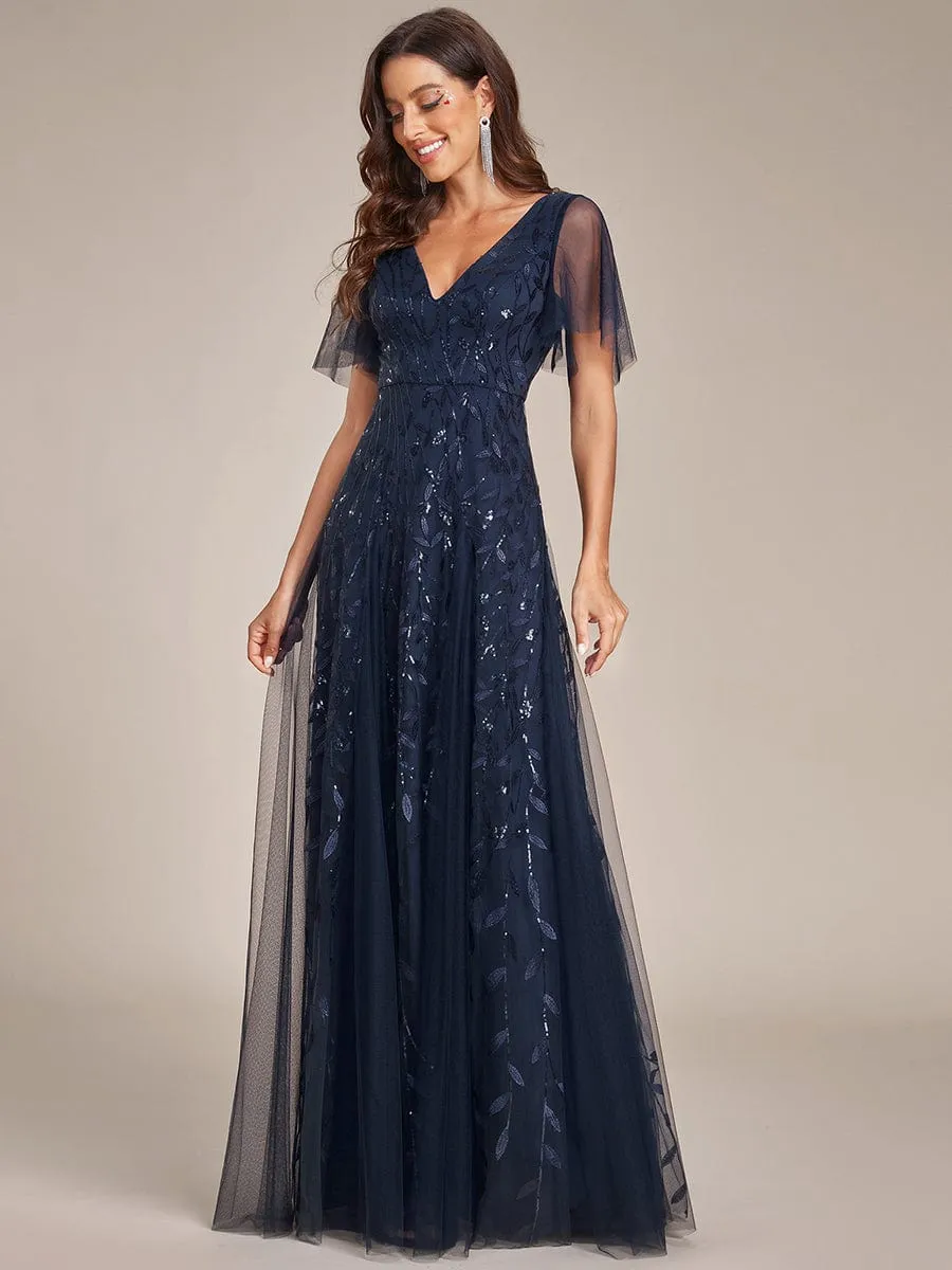 Romantic Shimmery V Neck Ruffle Sleeves Maxi Long Evening Gowns