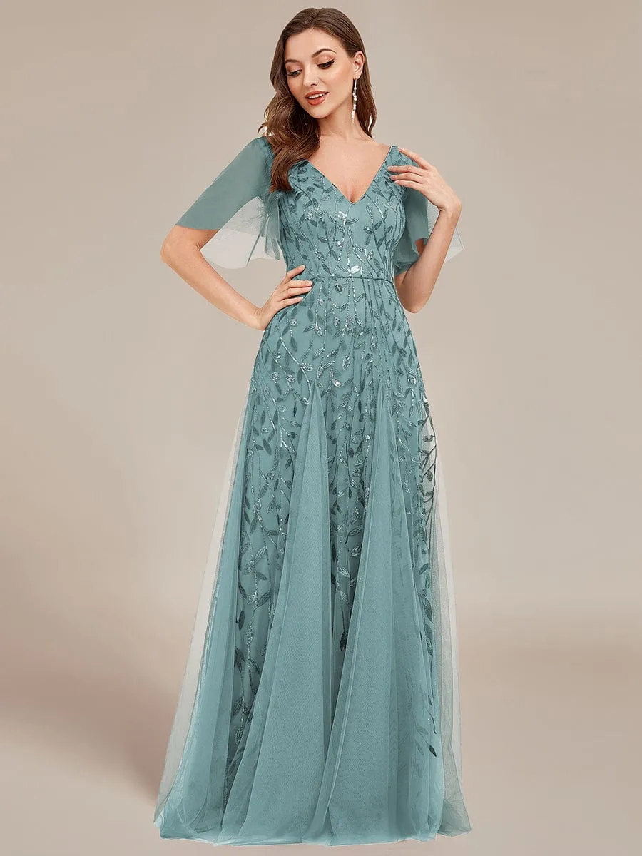 Romantic Shimmery V Neck Ruffle Sleeves Maxi Long Evening Gowns