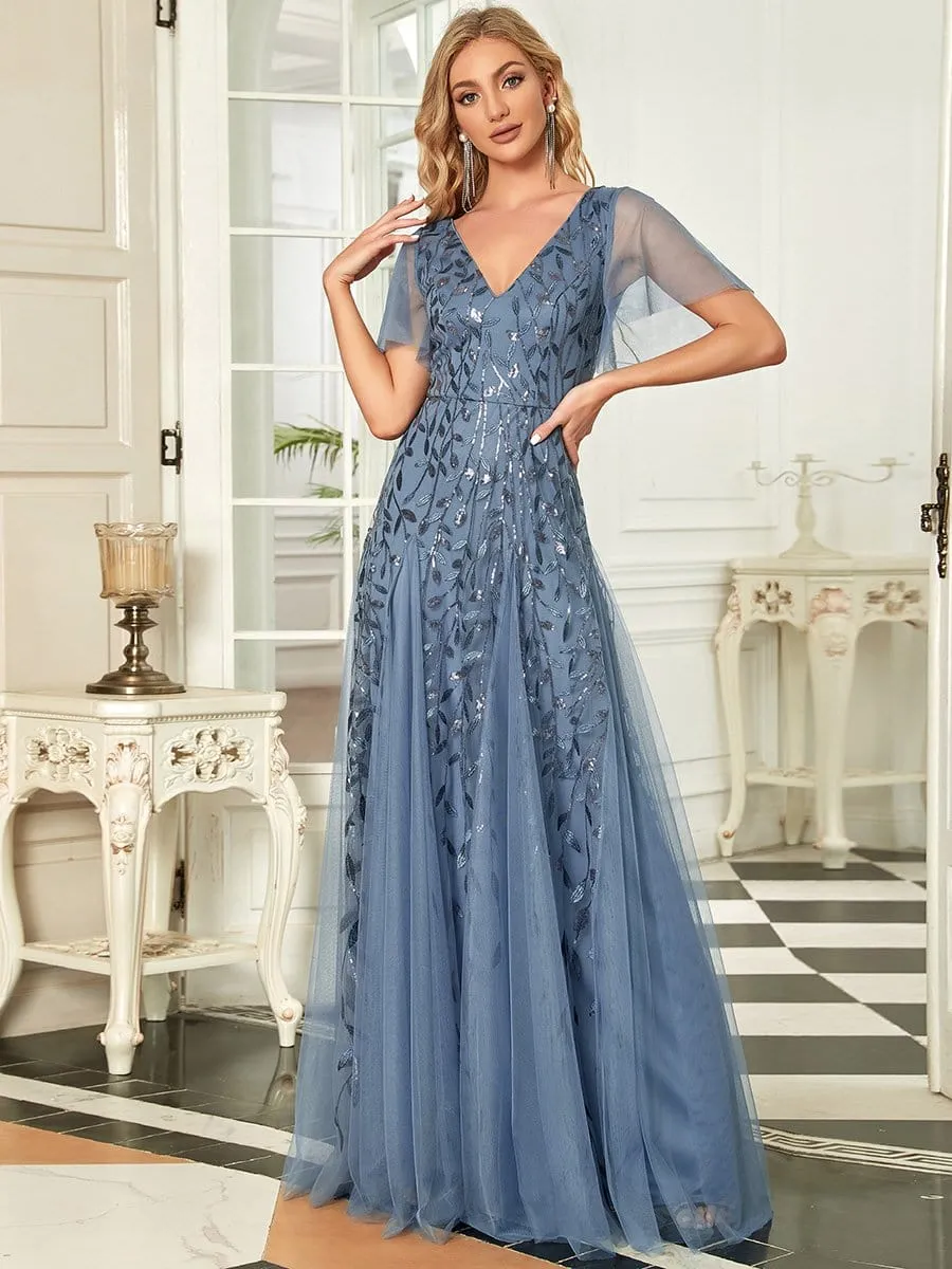 Romantic Shimmery V Neck Ruffle Sleeves Maxi Long Evening Gowns