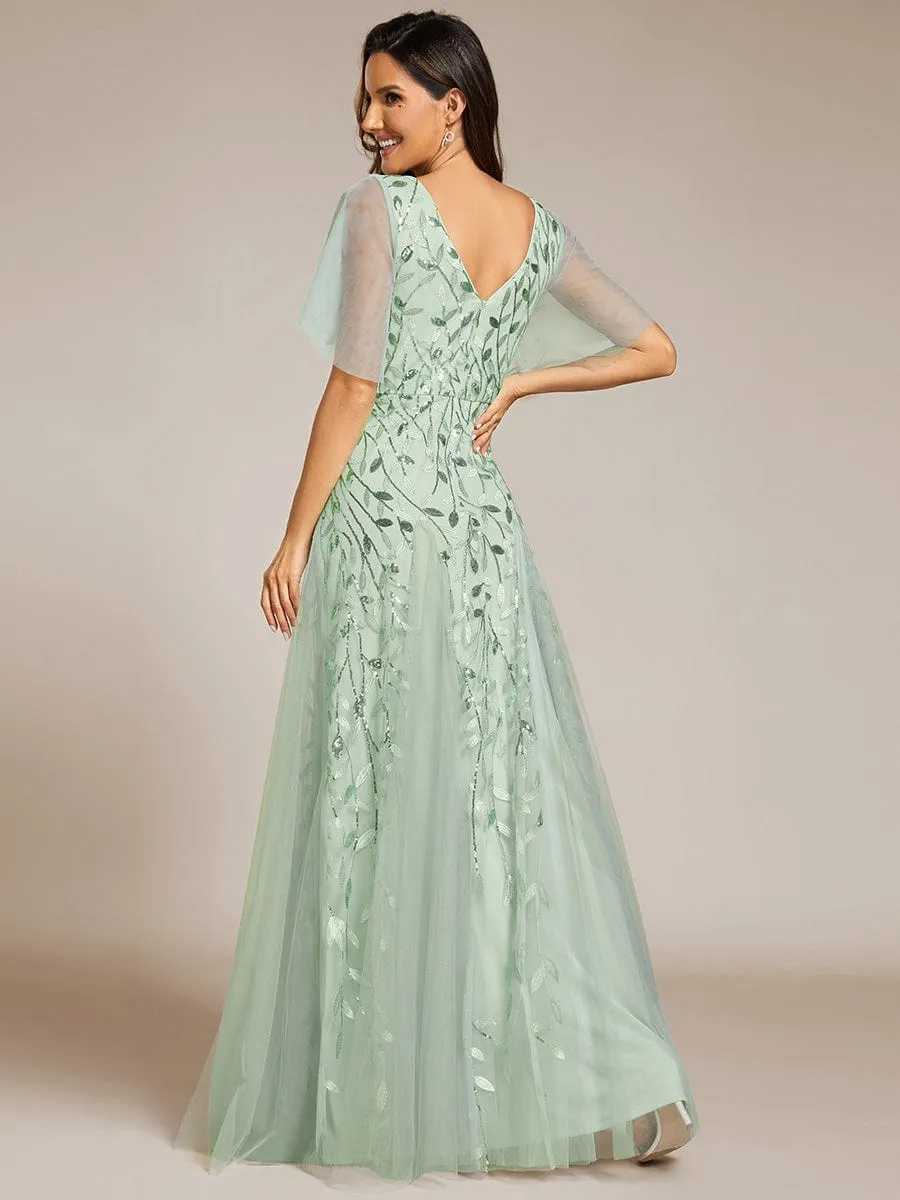 Romantic Shimmery V Neck Ruffle Sleeves Maxi Long Evening Gowns