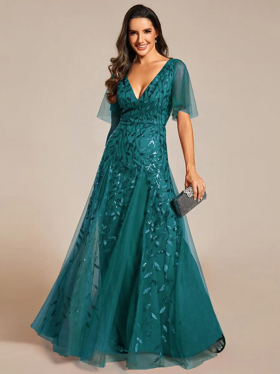 Romantic Shimmery V Neck Ruffle Sleeves Maxi Long Evening Gowns