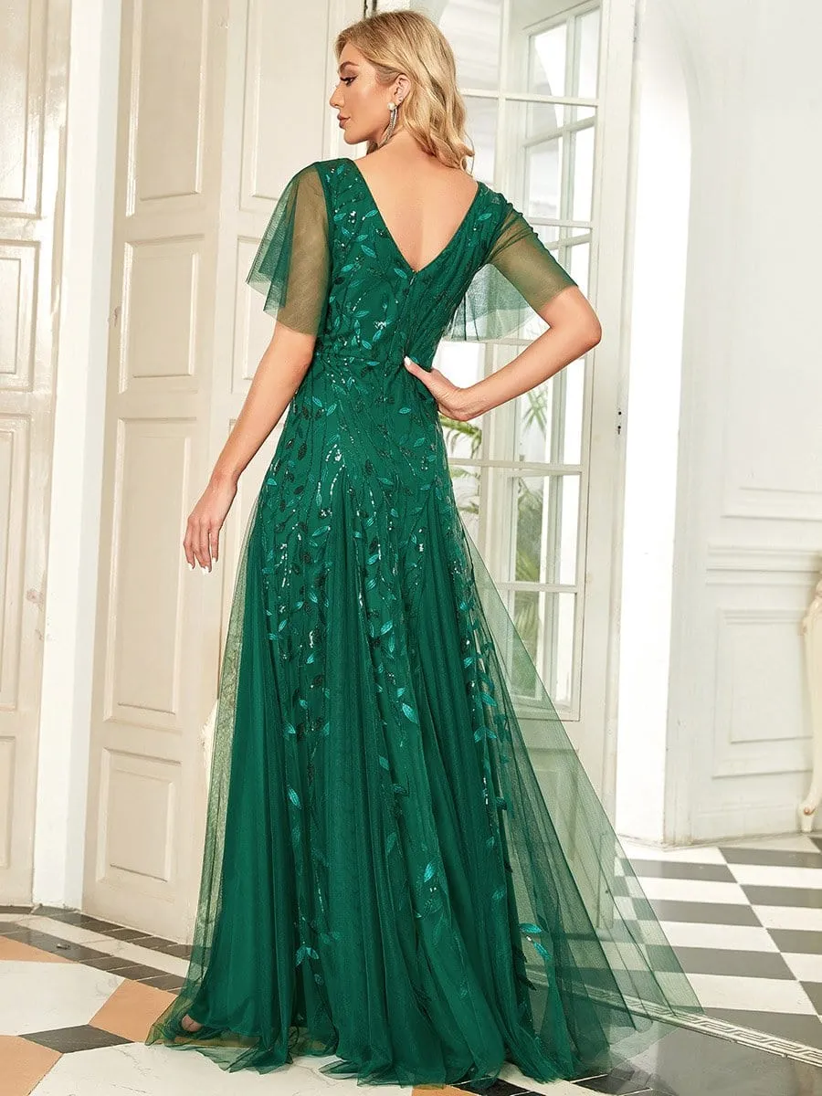 Romantic Shimmery V Neck Ruffle Sleeves Maxi Long Evening Gowns