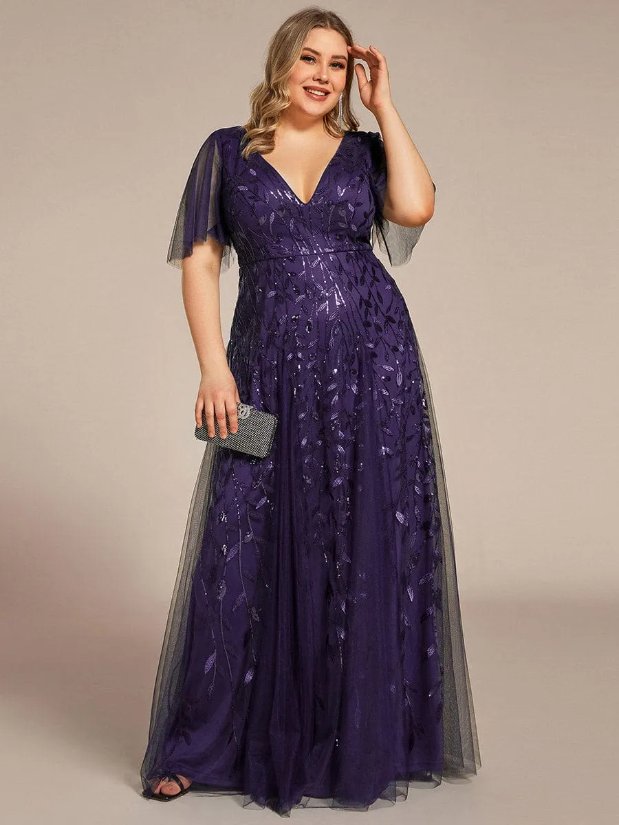 Romantic Shimmery V Neck Ruffle Sleeves Maxi Long Evening Gowns