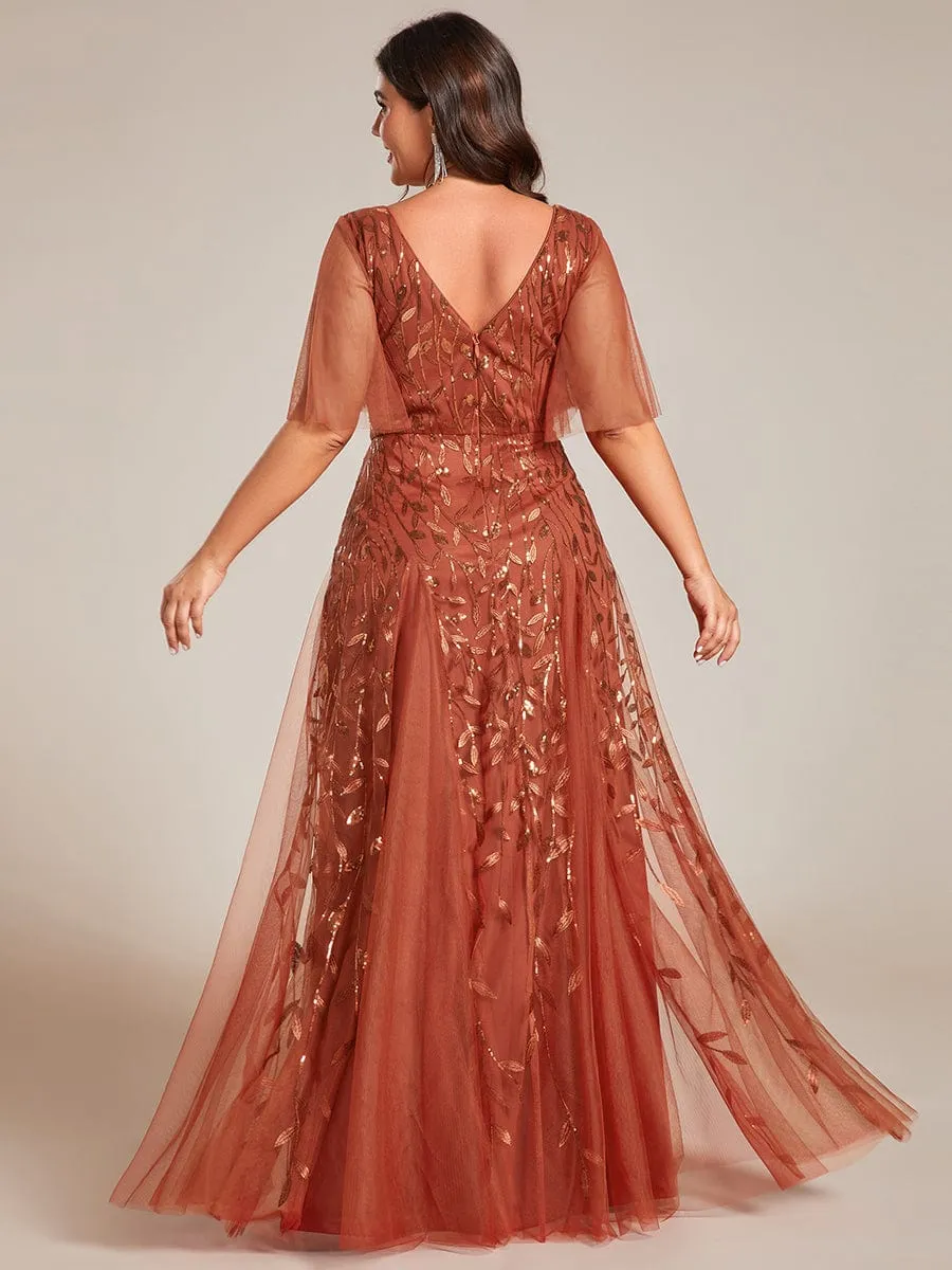 Romantic Shimmery V Neck Ruffle Sleeves Maxi Long Evening Gowns