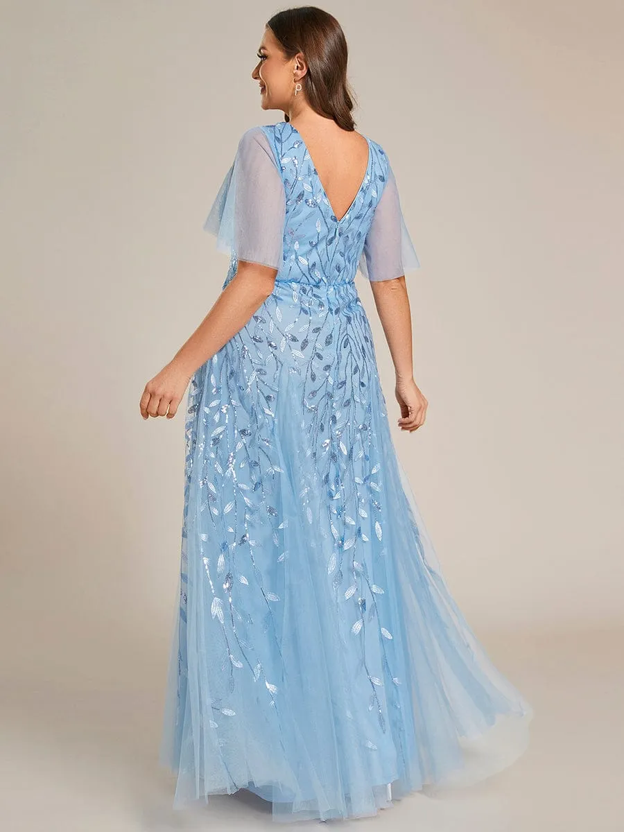 Romantic Shimmery V Neck Ruffle Sleeves Maxi Long Evening Gowns