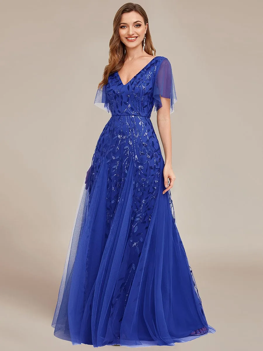 Romantic Shimmery V Neck Ruffle Sleeves Maxi Long Evening Gowns