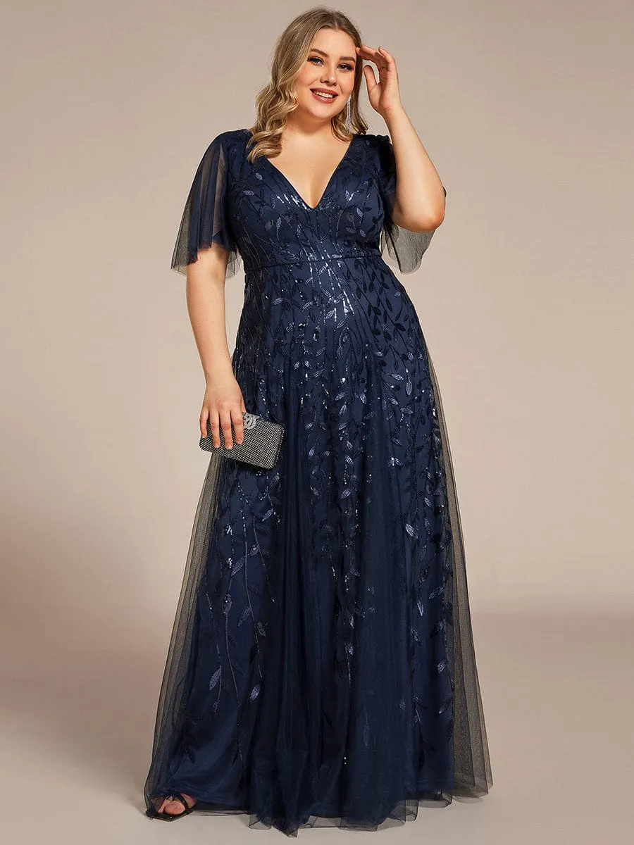 Romantic Shimmery V Neck Ruffle Sleeves Maxi Long Evening Gowns