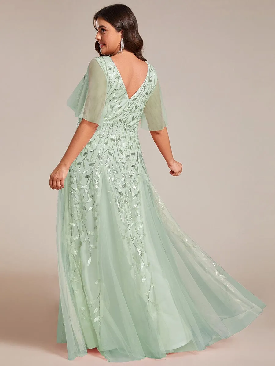 Romantic Shimmery V Neck Ruffle Sleeves Maxi Long Evening Gowns