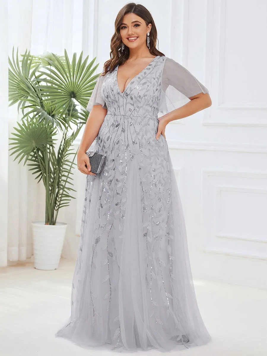 Romantic Shimmery V Neck Ruffle Sleeves Maxi Long Evening Gowns