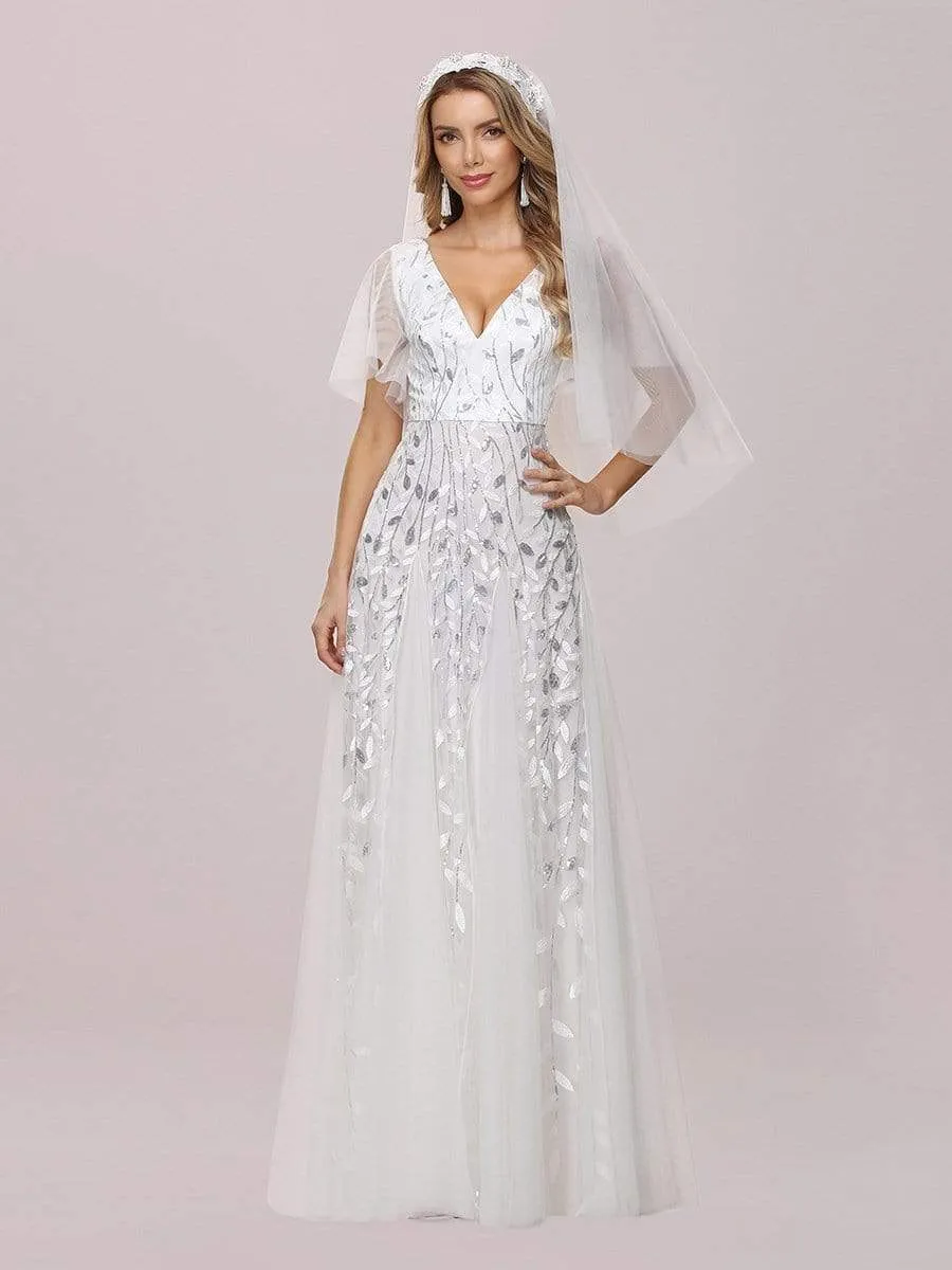 Romantic Shimmery V Neck Ruffle Sleeves Maxi Long Evening Gowns