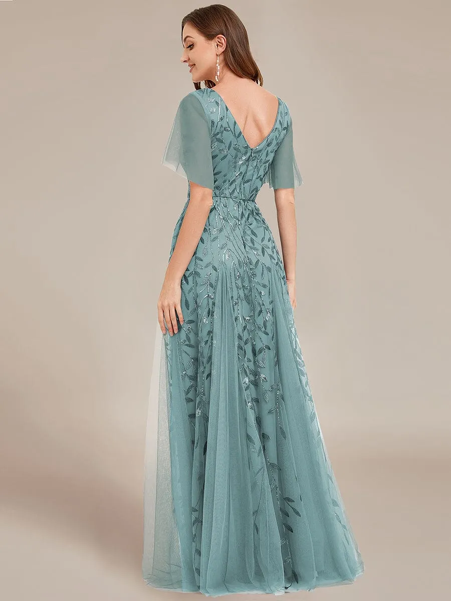 Romantic Shimmery V Neck Ruffle Sleeves Maxi Long Evening Gowns