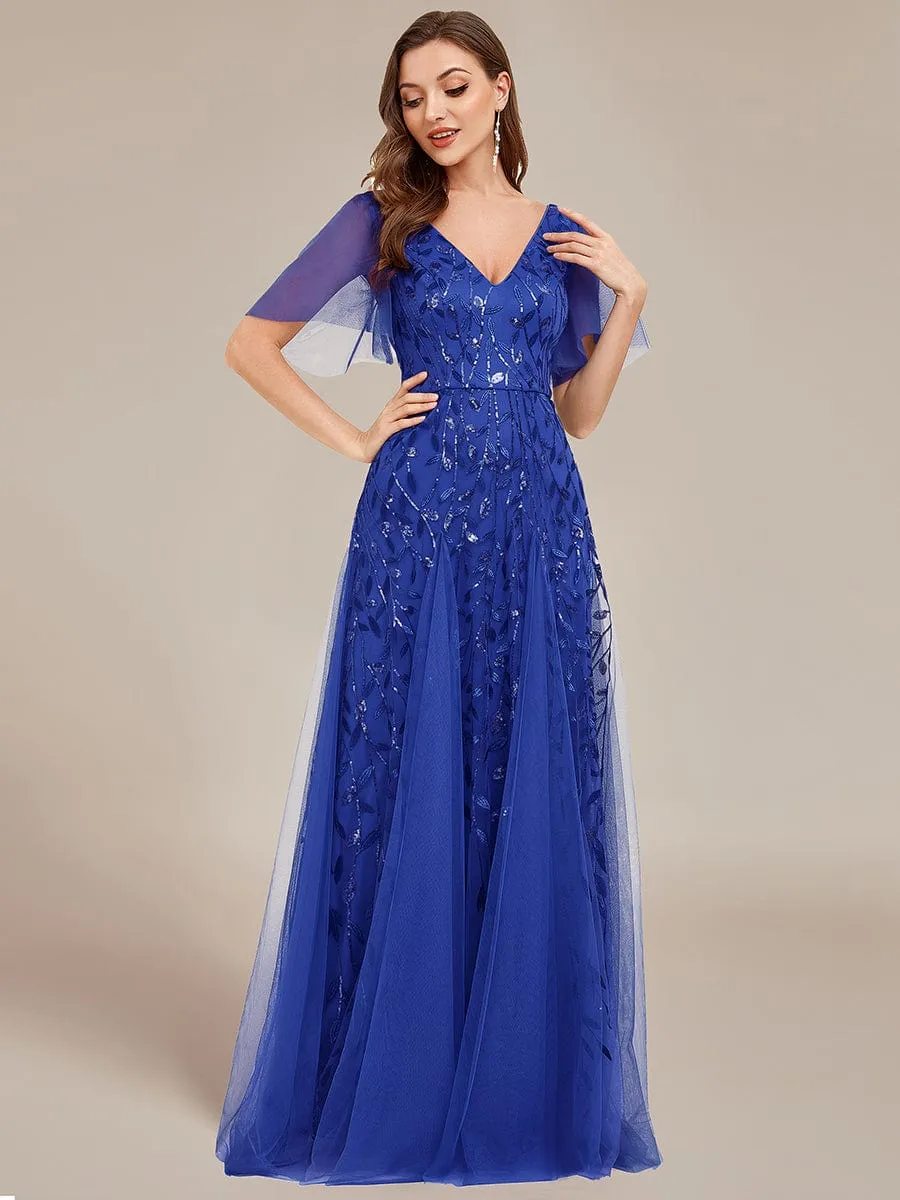 Romantic Shimmery V Neck Ruffle Sleeves Maxi Long Evening Gowns