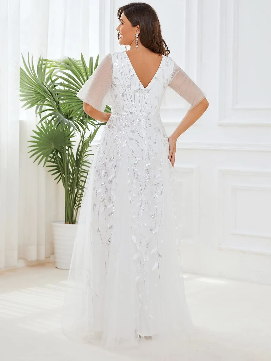 Romantic Shimmery V Neck Ruffle Sleeves Maxi Long Evening Gowns