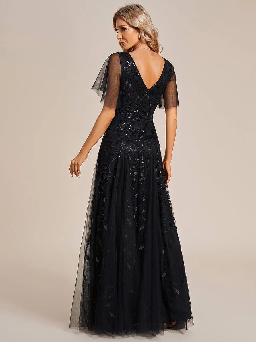 Romantic Shimmery V Neck Ruffle Sleeves Maxi Long Evening Gowns