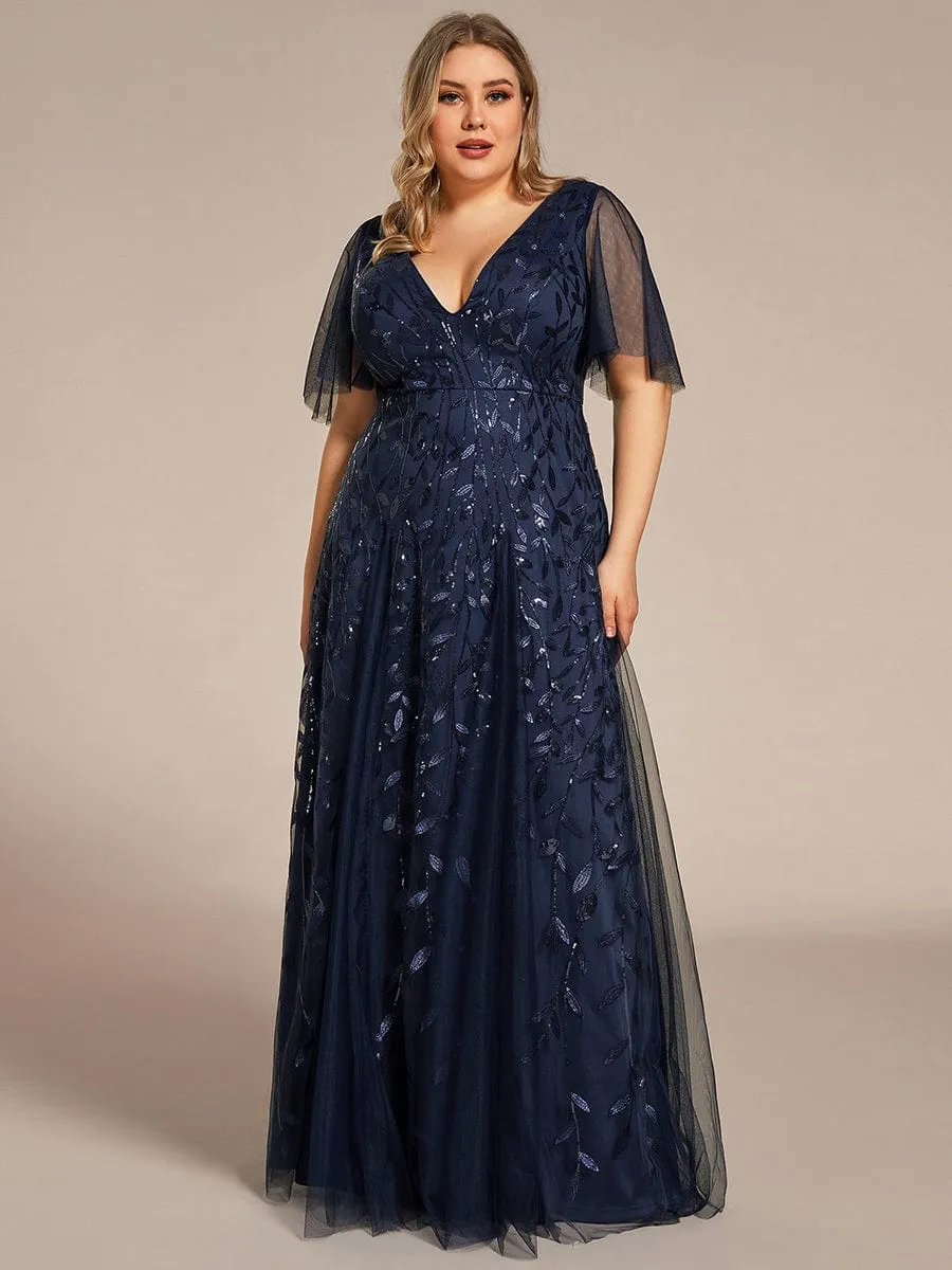 Romantic Shimmery V Neck Ruffle Sleeves Maxi Long Evening Gowns