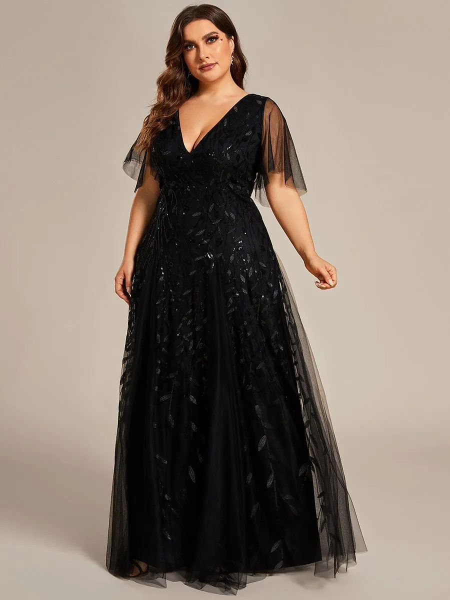 Romantic Shimmery V Neck Ruffle Sleeves Maxi Long Evening Gowns