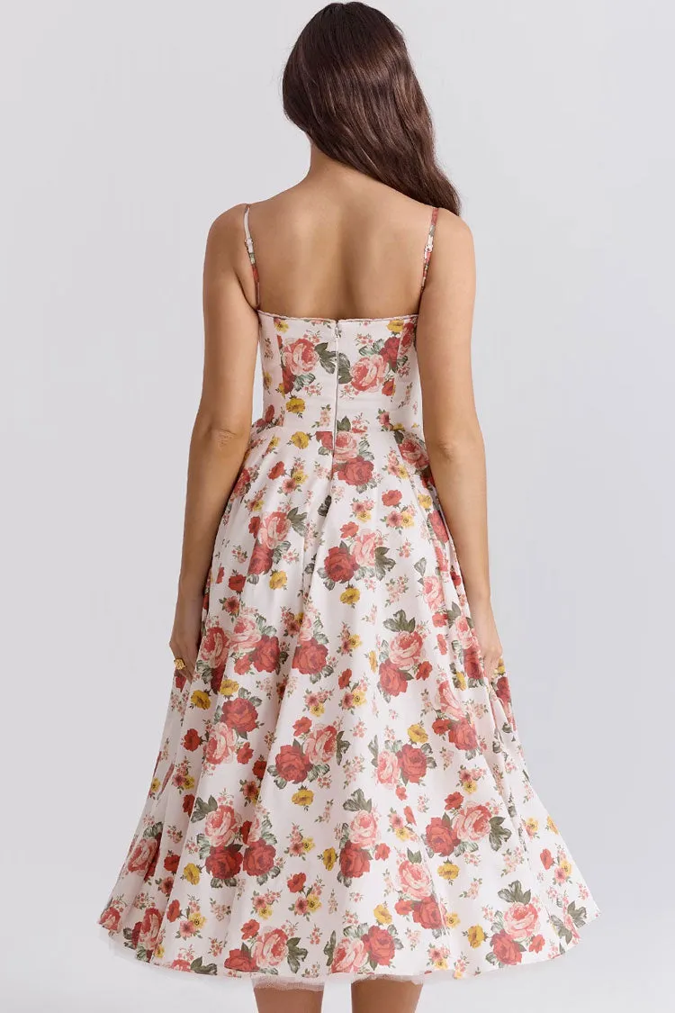 Sexy Floral Corset Bustier Fit & Flare Tulle Pocket Vacation Midi Sundress