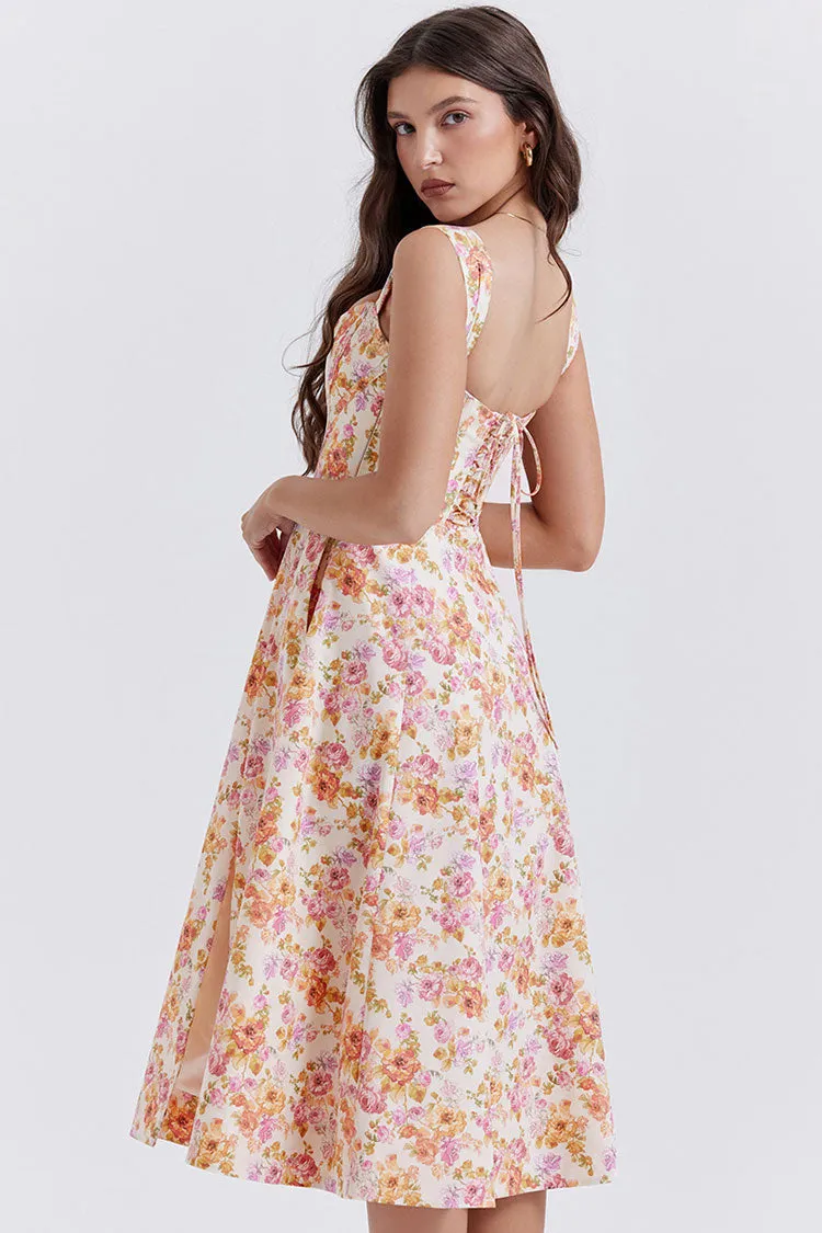 Sexy Floral Printed Lace Up Back High Split Corset Mini Sundress - Orange