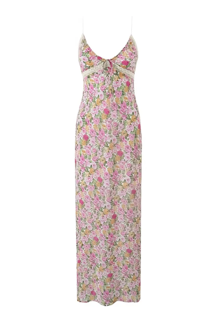 Sexy Lace Trim Tie Neck Spaghetti Strap Floral Printed Slip Maxi Sundress