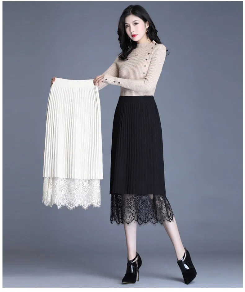 Summer Lace Mesh Skirt Korean High Waist Slim Look Sides Wearable Solid Colored Pleated Flare Skirt