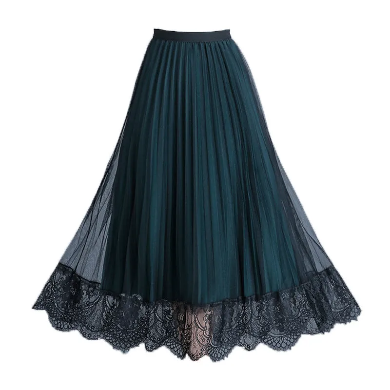 Summer Lace Mesh Skirt Korean High Waist Slim Look Sides Wearable Solid Colored Pleated Flare Skirt