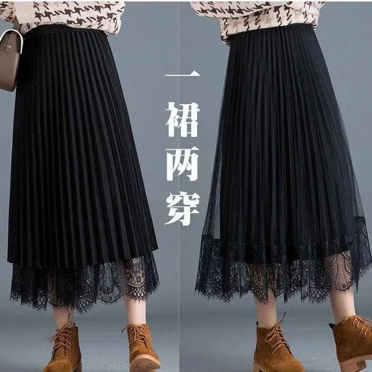 Summer Lace Mesh Skirt Korean High Waist Slim Look Sides Wearable Solid Colored Pleated Flare Skirt