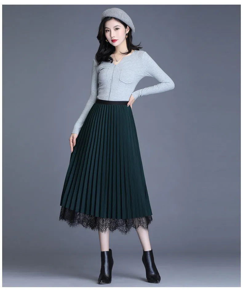 Summer Lace Mesh Skirt Korean High Waist Slim Look Sides Wearable Solid Colored Pleated Flare Skirt