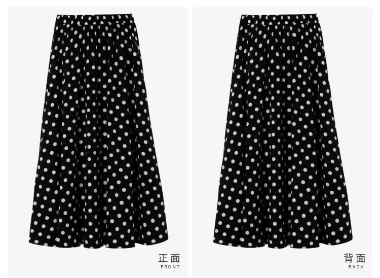 Summer Vintage High Waist Slim-Look One-Piece Strap Poker Dot Mid-Length Chiffon Skirt Women