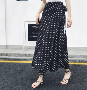 Summer Vintage High Waist Slim-Look One-Piece Strap Poker Dot Mid-Length Chiffon Skirt Women