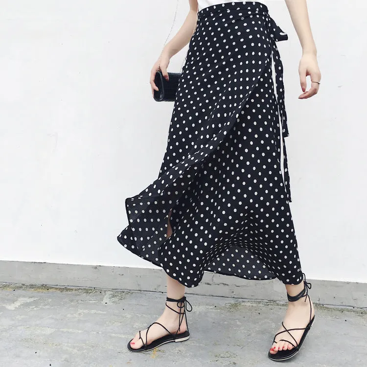 Summer Vintage High Waist Slim-Look One-Piece Strap Poker Dot Mid-Length Chiffon Skirt Women