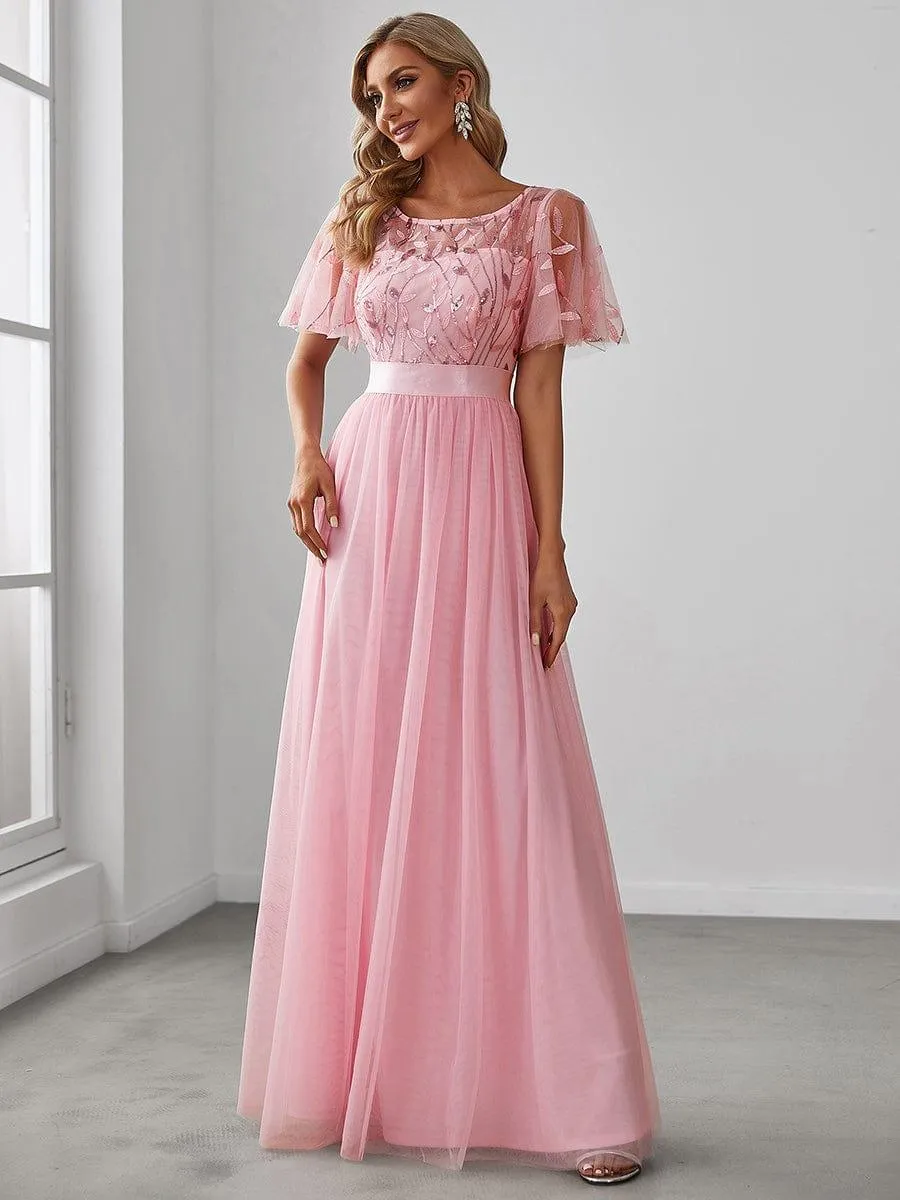 Women's A-Line Short Sleeve Embroidery Floor Length Evening Dresses