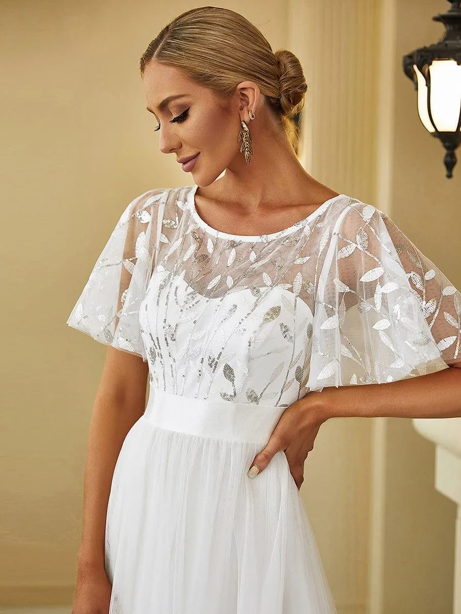 Women's A-Line Short Sleeve Embroidery Floor Length Evening Dresses