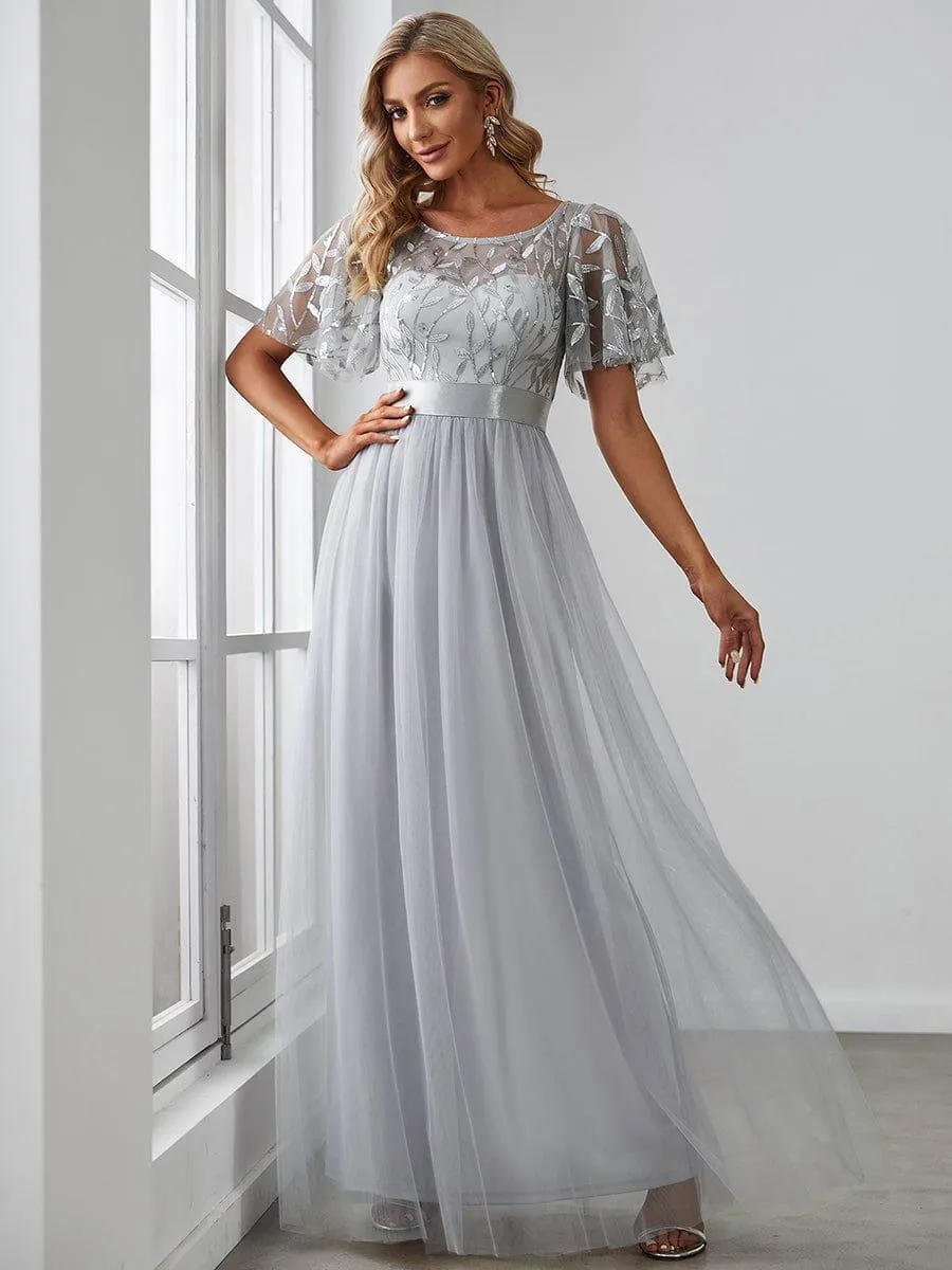 Women's A-Line Short Sleeve Embroidery Floor Length Evening Dresses