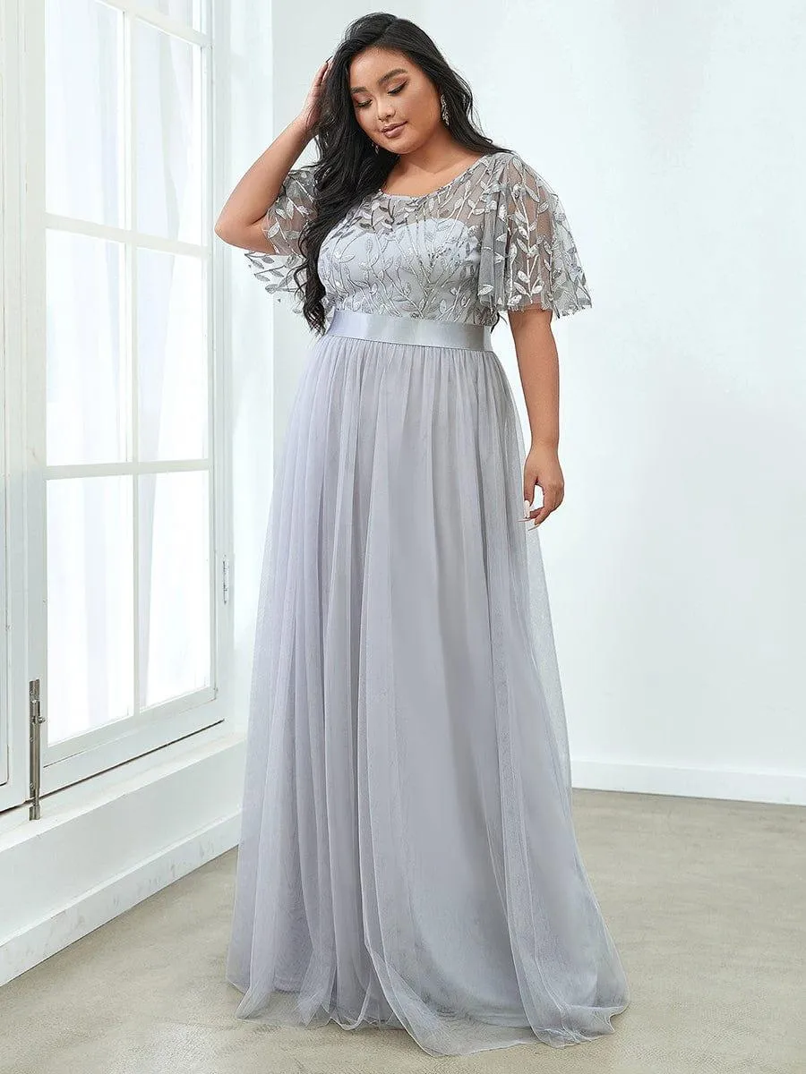 Women's A-Line Short Sleeve Embroidery Floor Length Evening Dresses