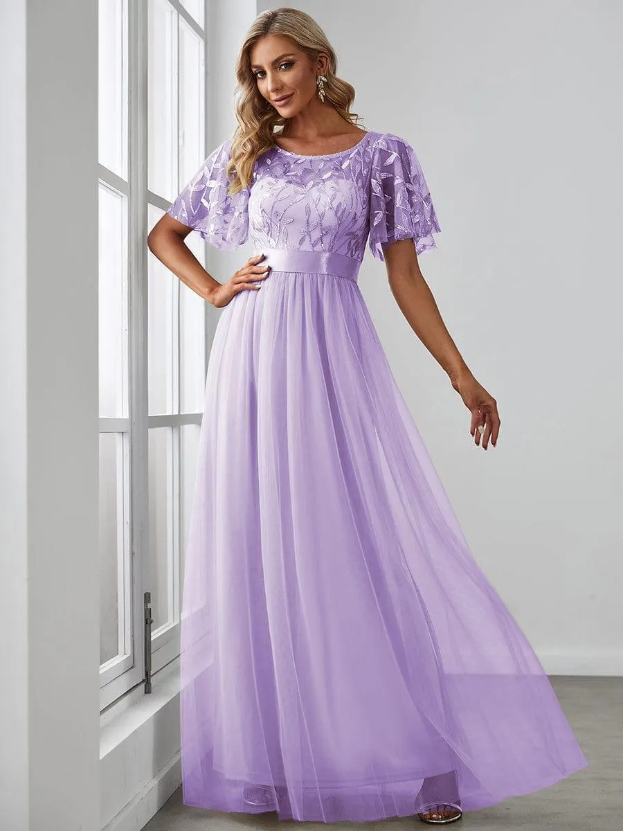 Women's A-Line Short Sleeve Embroidery Floor Length Evening Dresses