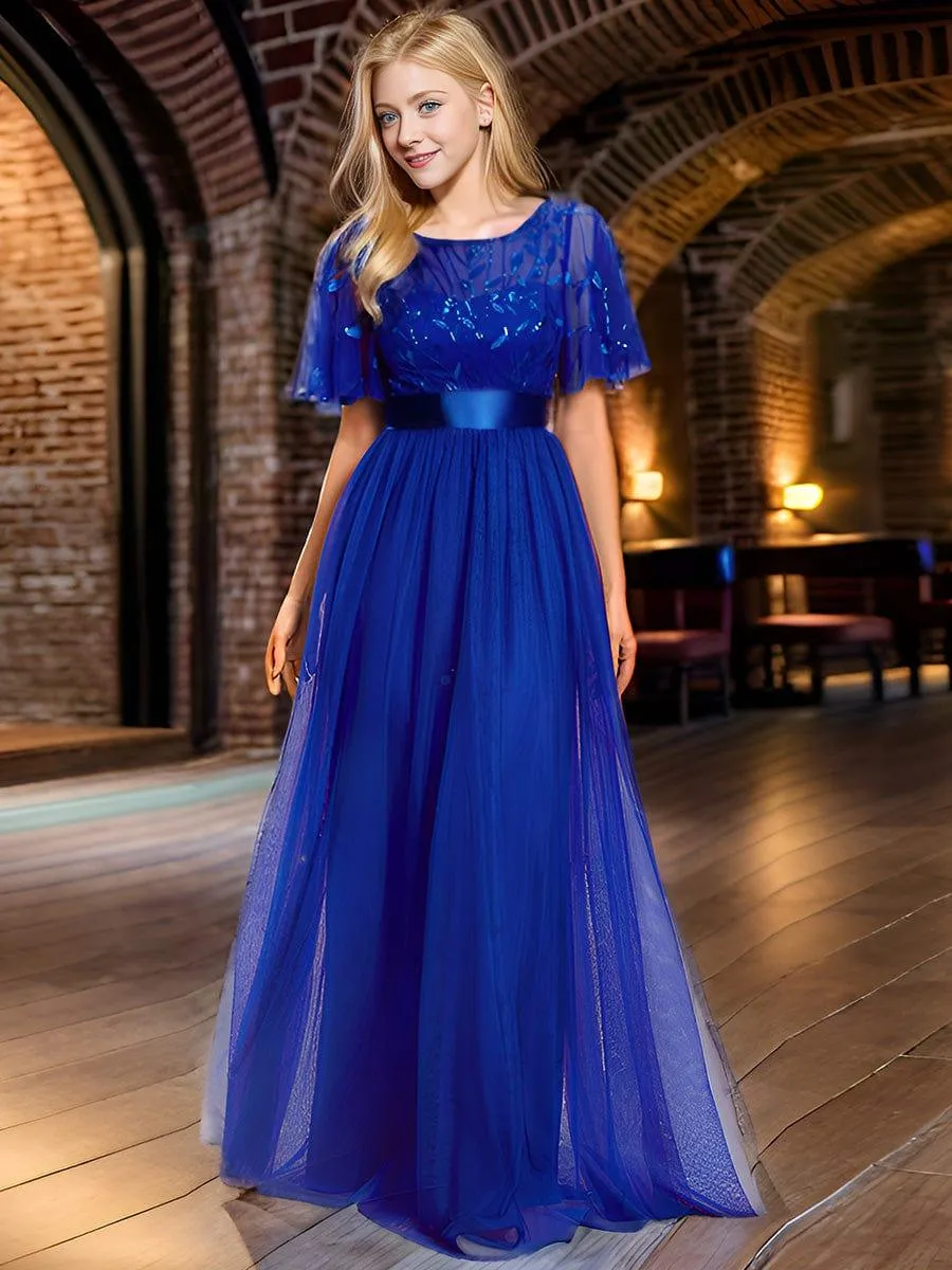 Women's A-Line Short Sleeve Embroidery Floor Length Evening Dresses