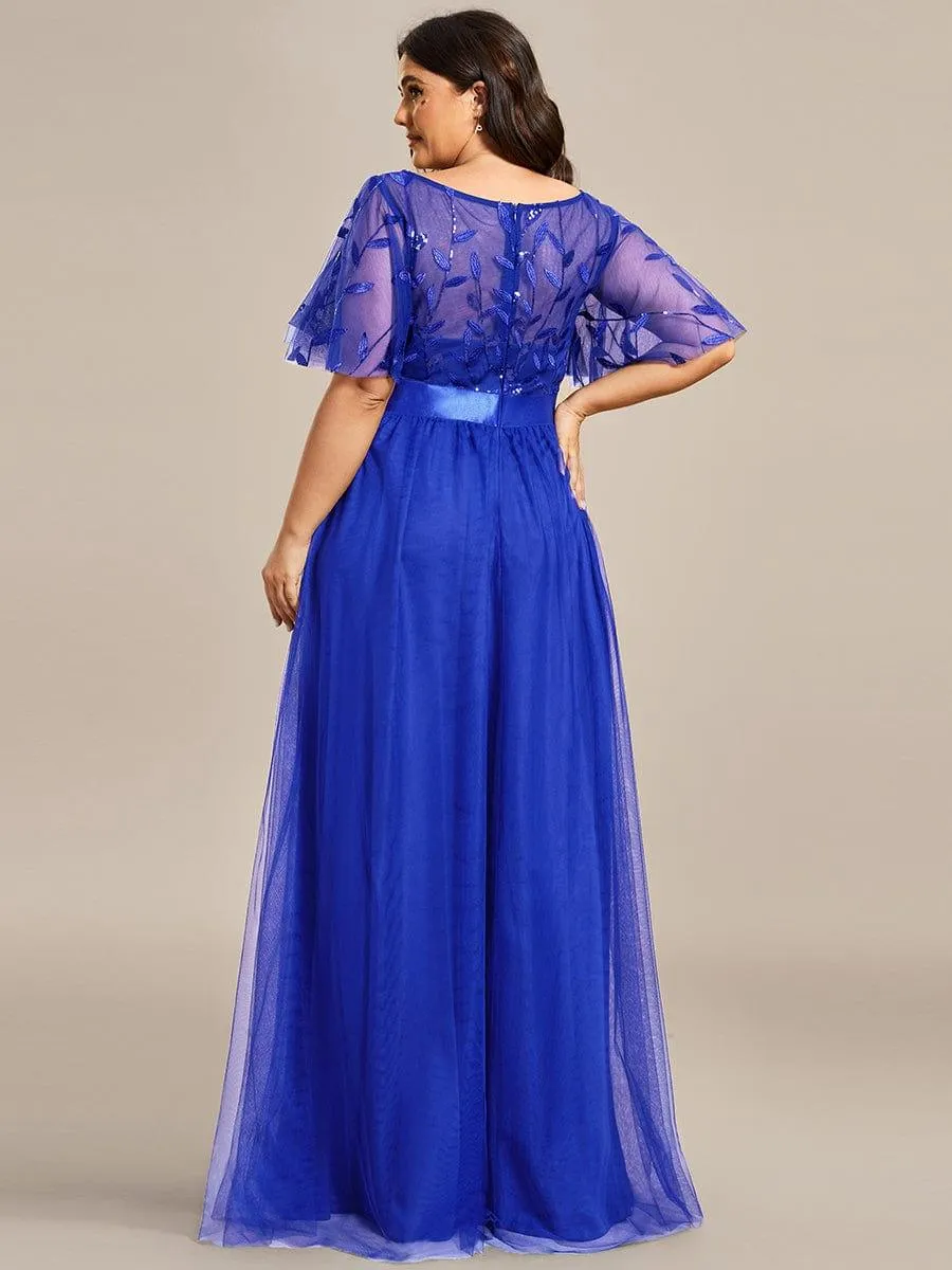 Women's A-Line Short Sleeve Embroidery Floor Length Evening Dresses